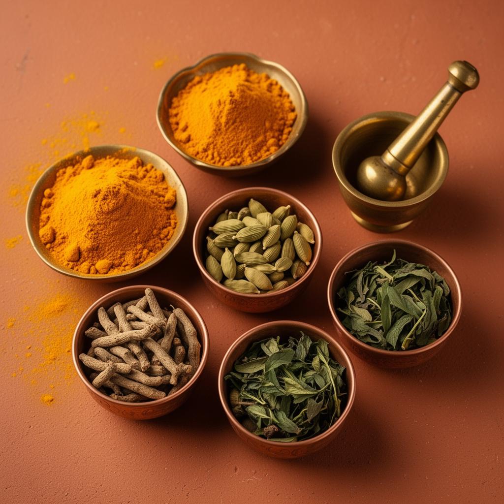 Ayurvedic herbs and copper bowls on a warm earthen surface