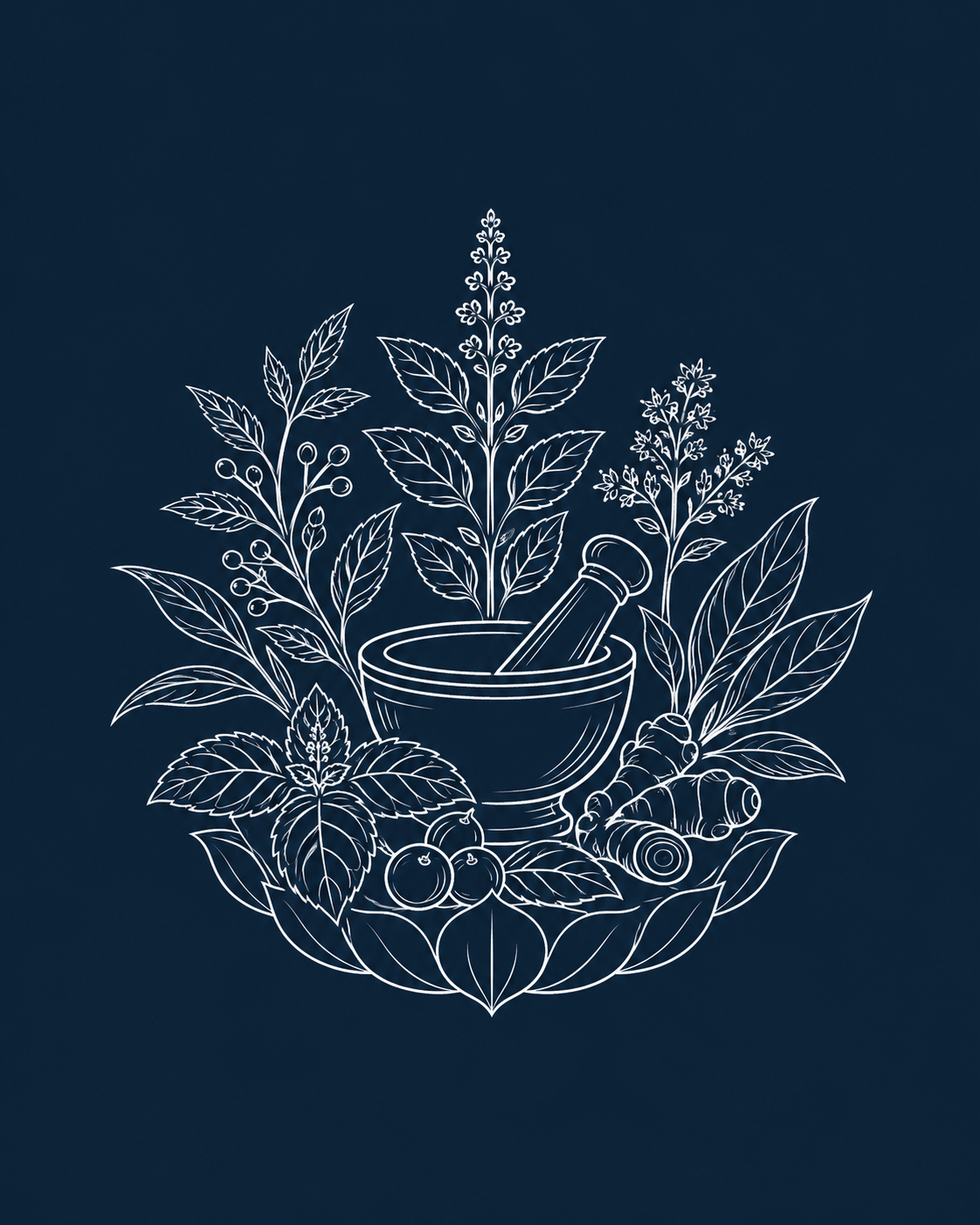 White line-art illustration of Ayurvedic herbs and a mortar and pestle