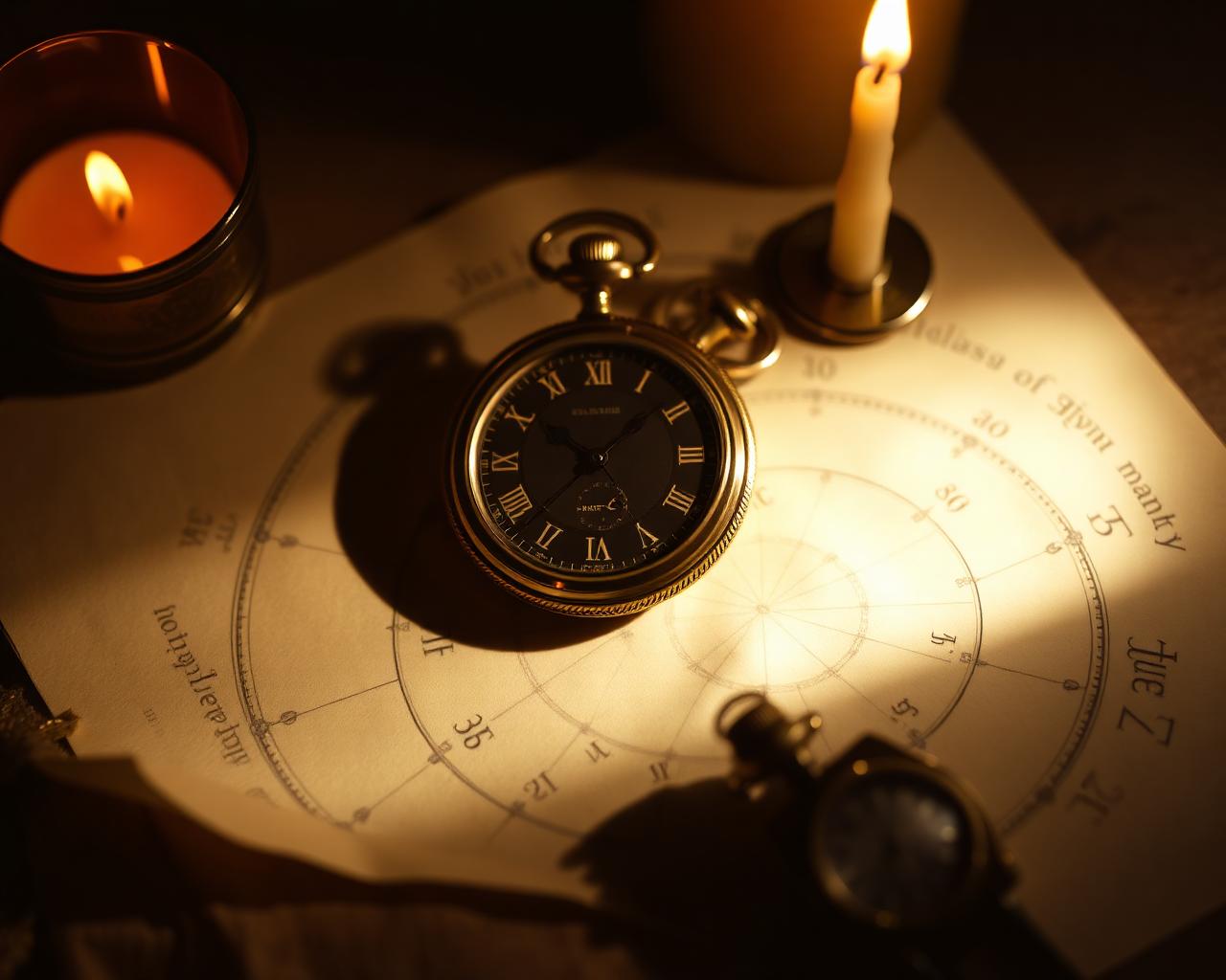 Antique brass pocket watch resting on a Vedic birth chart under warm candlelight