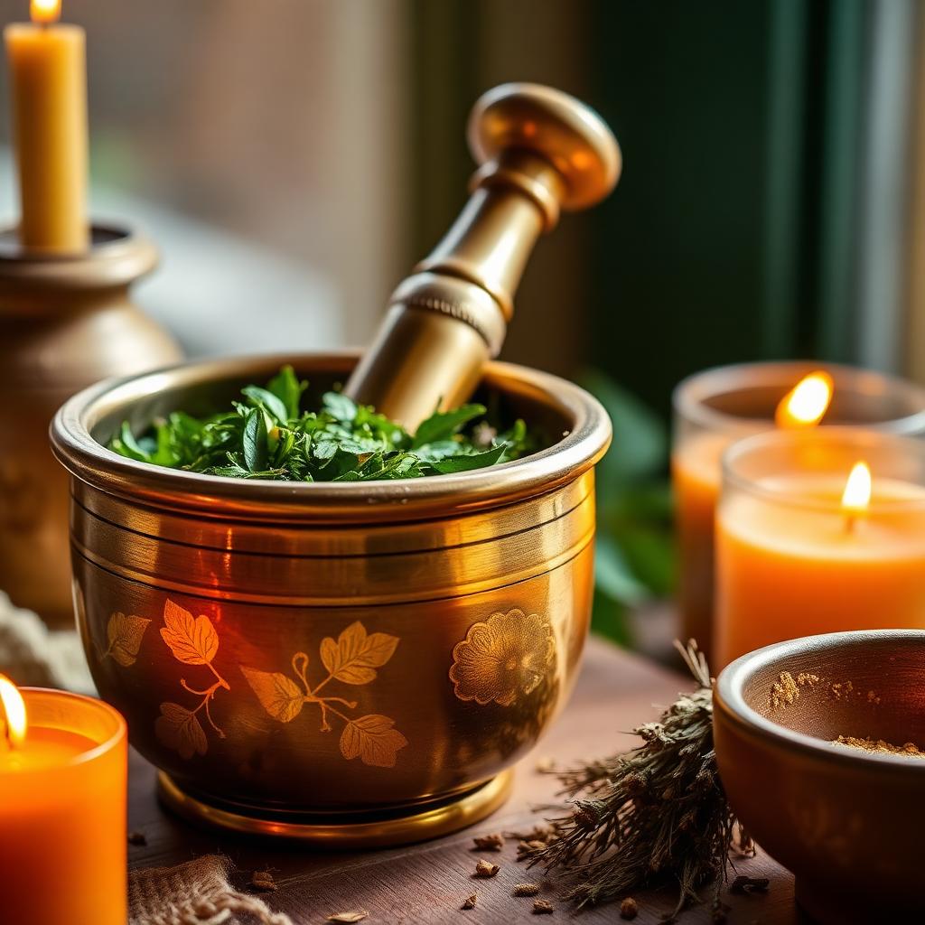 A brass mortar and pestle with fresh herbs