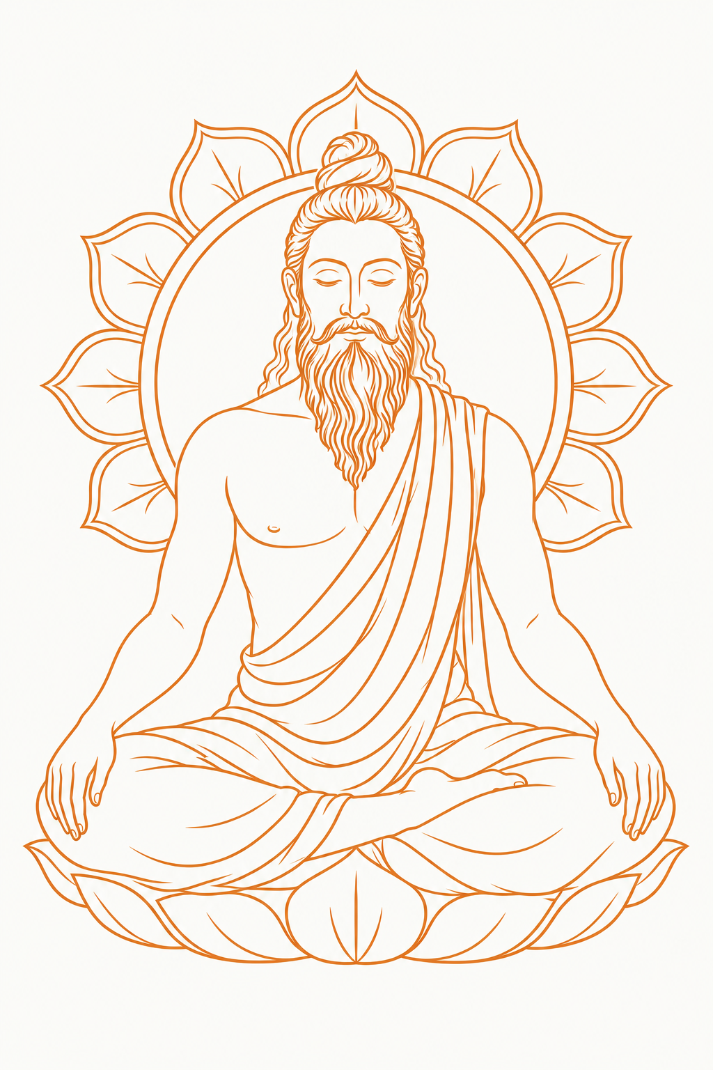 Orange line drawing of a meditating sage seated on a lotus, framed by a lotus mandala