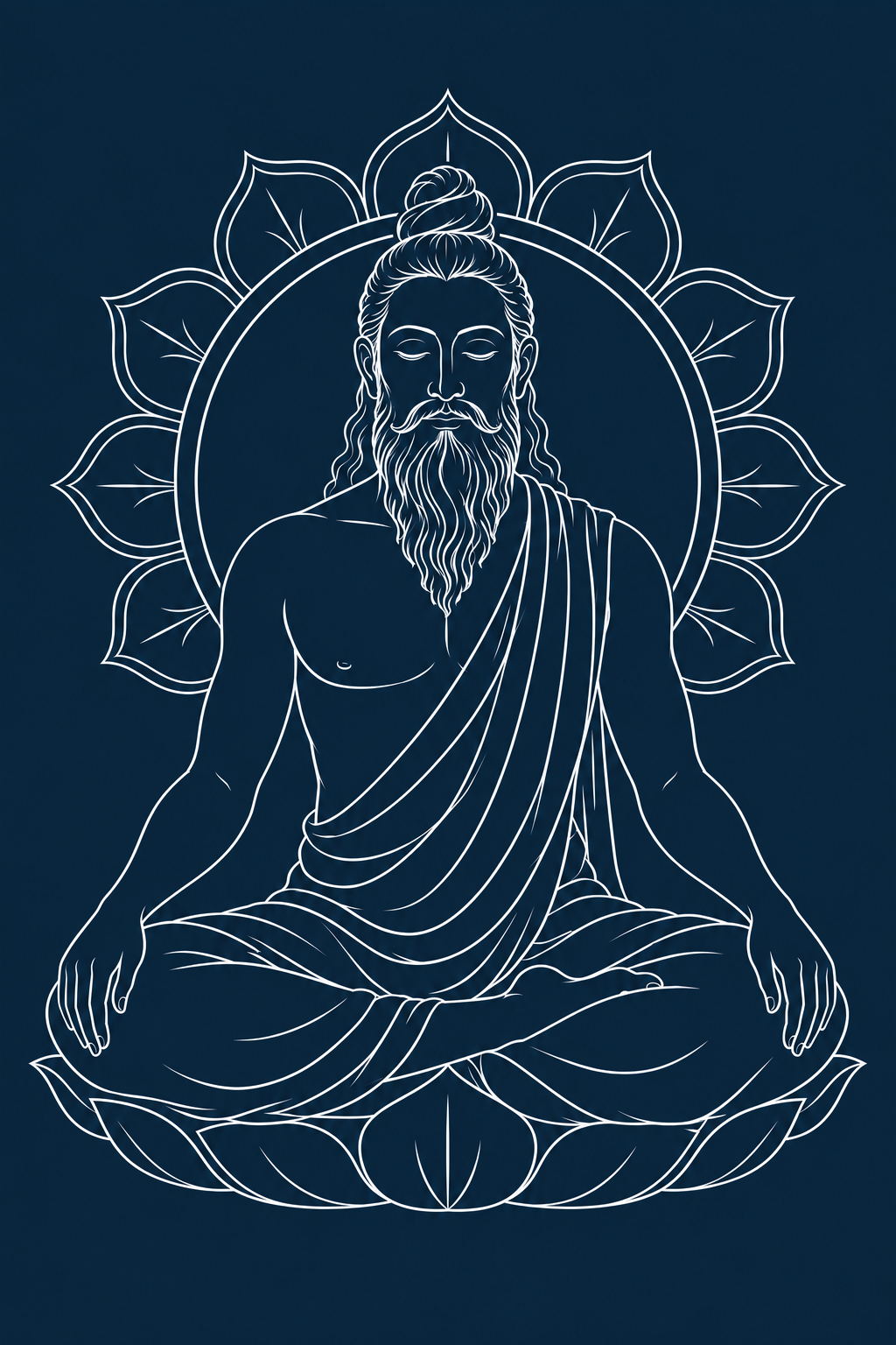 White outline of a meditating sage framed by a lotus mandala