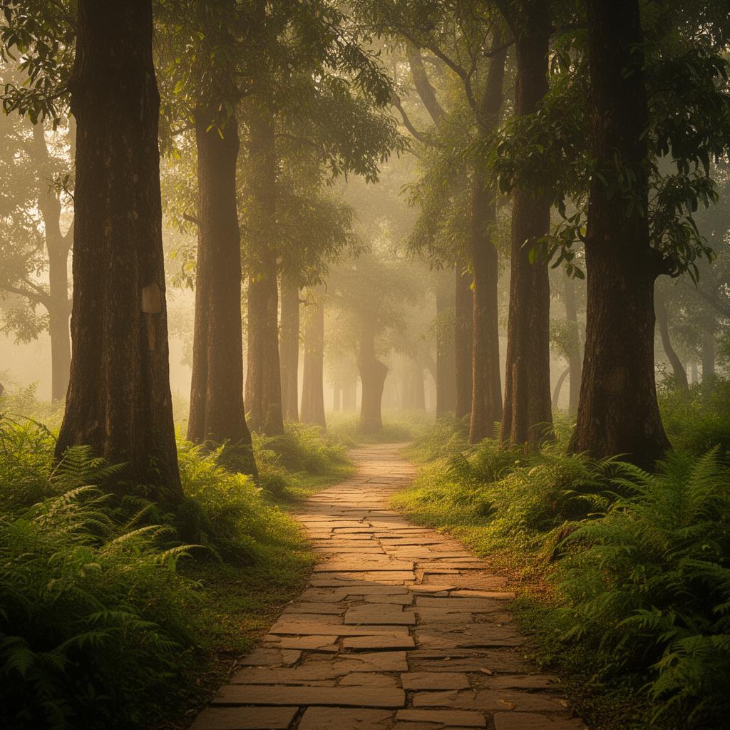 Stone path through a sacred grove of trees
