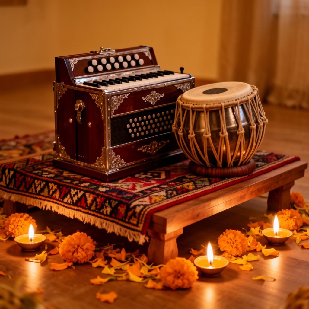 Harmonium and mridanga on a low platform with ghee lamps