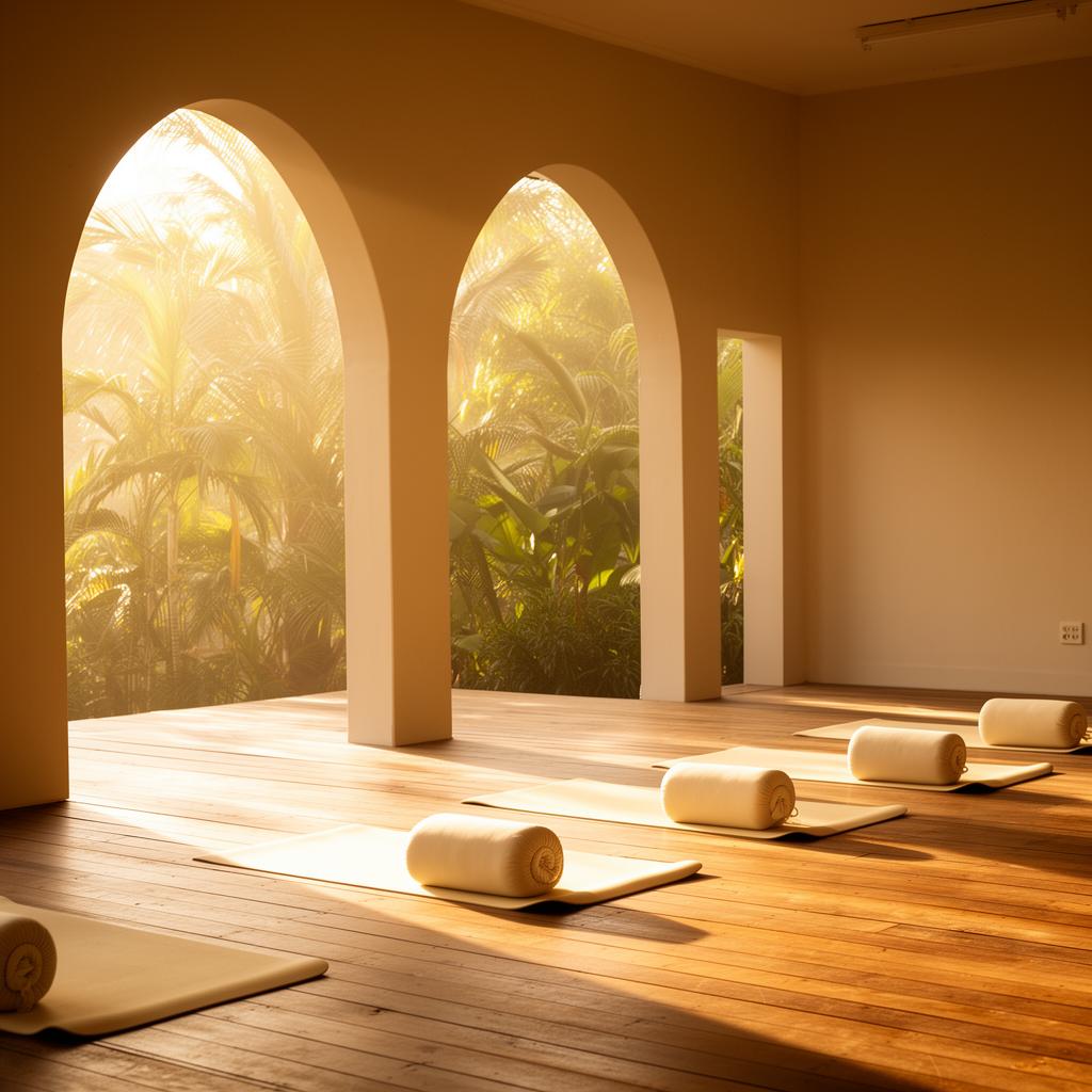 Soft morning light on rolled yoga mats in an ashram studio