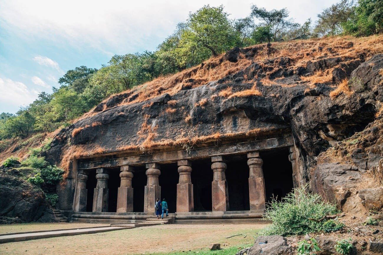 Ancient rock-cut stone entrance to the Elephanta Caves