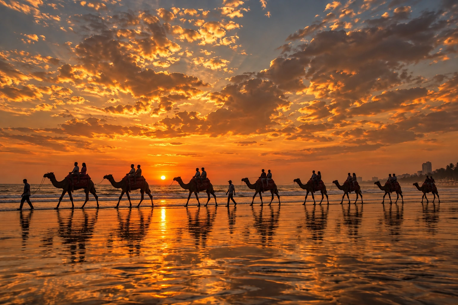 Camels and riders silhouetted against a golden sunset on Juhu Beach