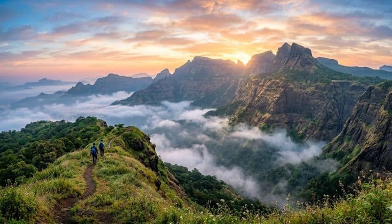 Sunrise over the mountains and mist-filled valleys of Maharashtra