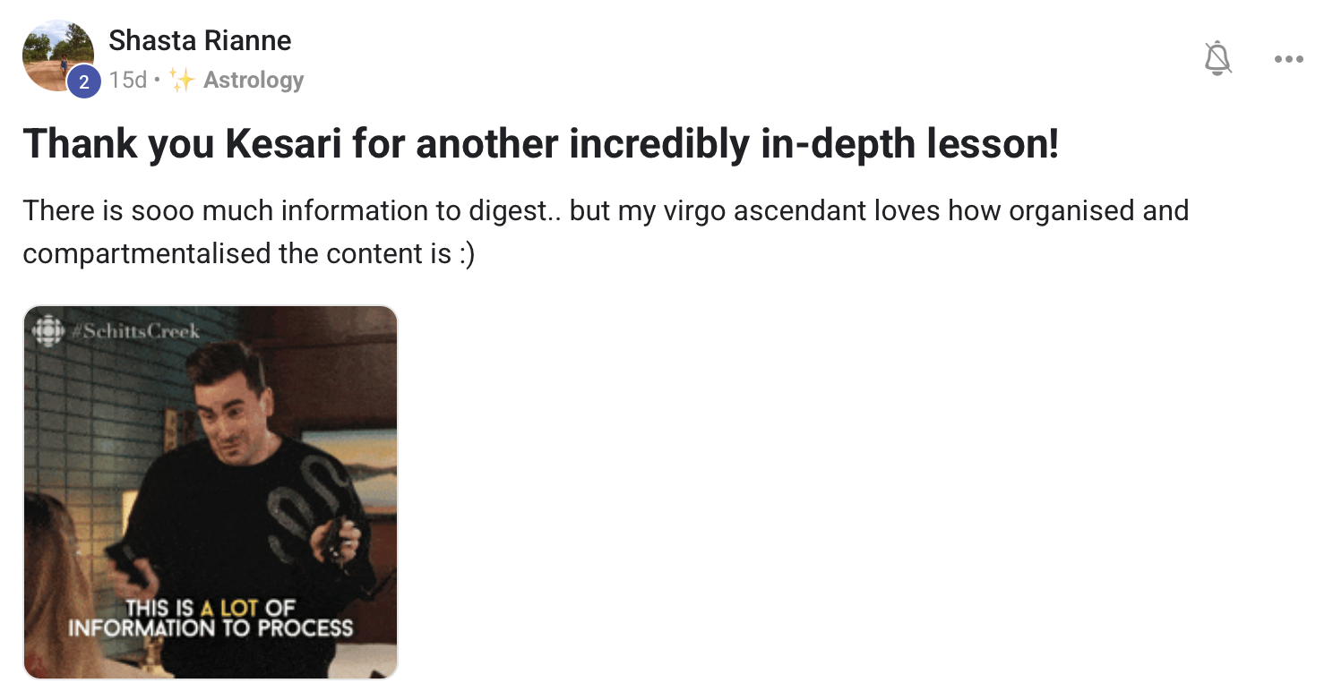 Shasta thanks Keśari for an in-depth lesson and praises how organised the content is.