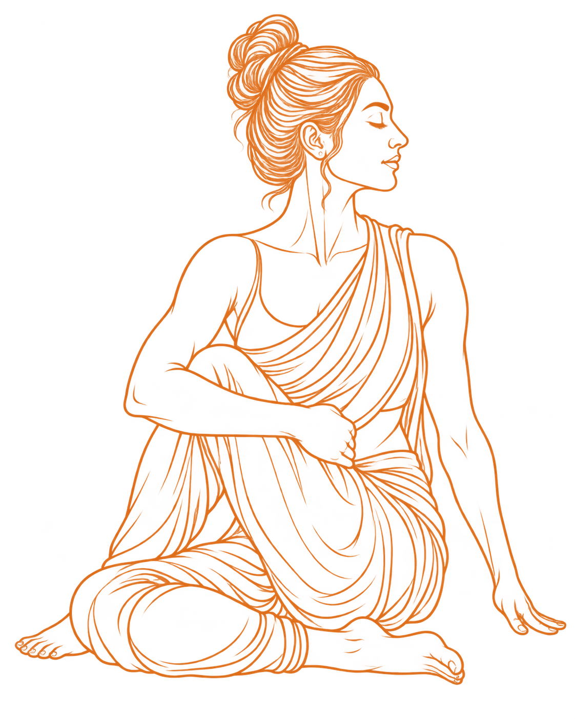 Orange outline of a female sage practicing a seated spinal twist