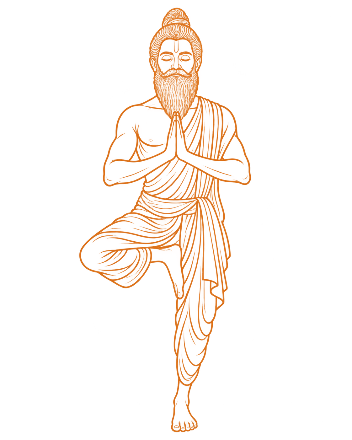 Orange outline of a sage standing in tree pose with hands in prayer
