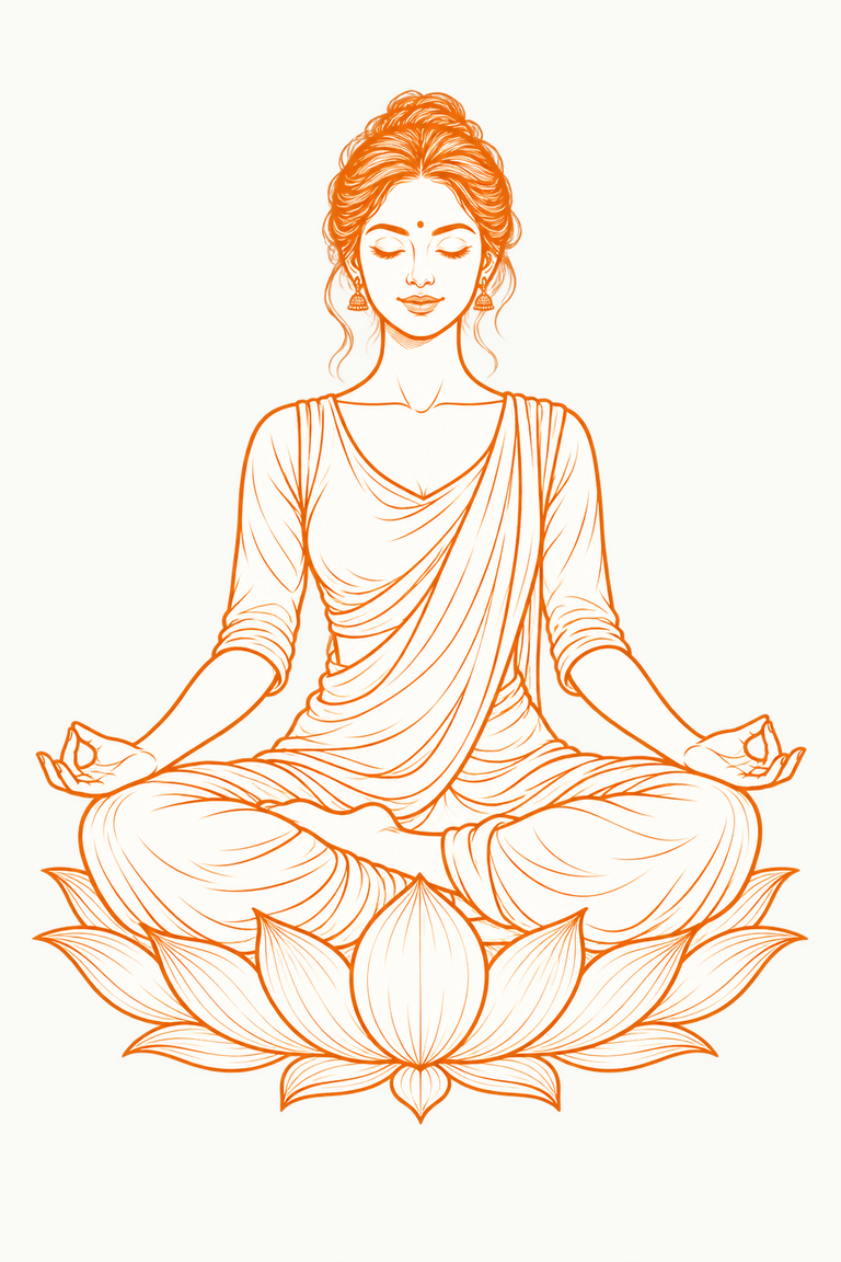 Orange line-art illustration of a female yogi meditating on a lotus leaf